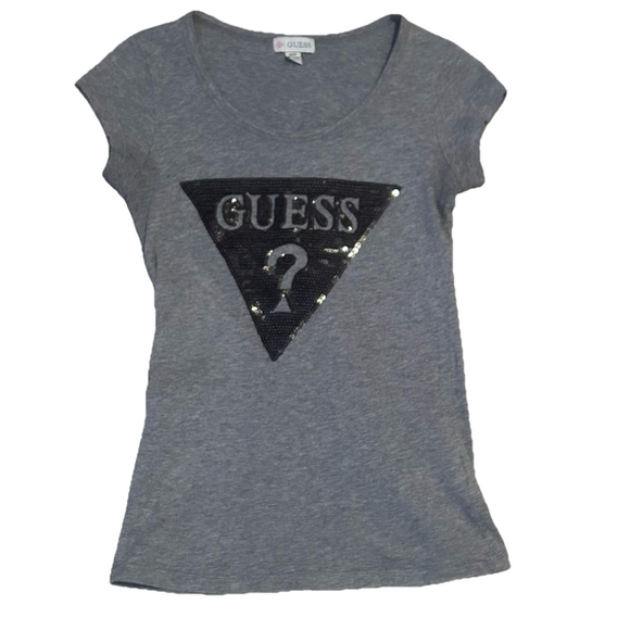 GUESS Women’s Black and Gray Tee Sequin Logo Size X-Small - Picture 1 of 4